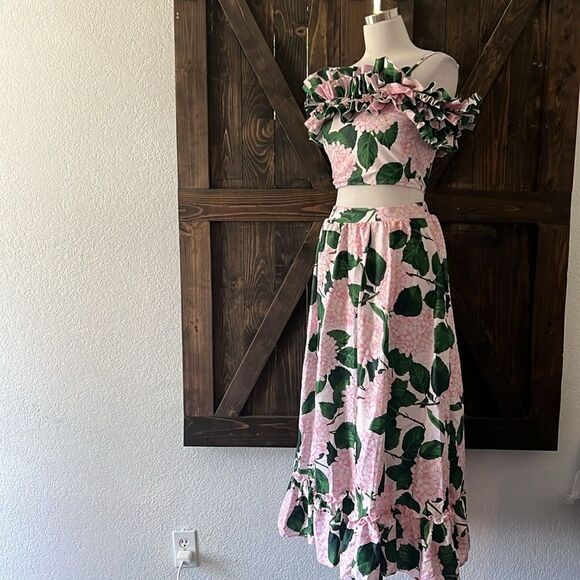 New Green Floral Print Beach Long Maxi Skirt Resort Casual Romantic Ruffle Top - Picture 6 of 16